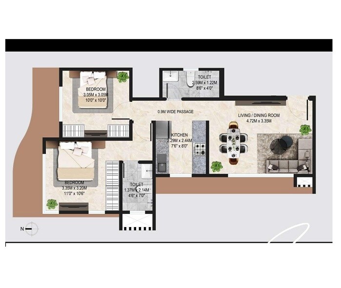 2 BHK 675 Sq. Ft. Apartment