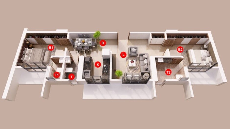 Floor plan of 2 BHK 724 Sq. Ft. Apartment in Infinity Residences, Mumbai