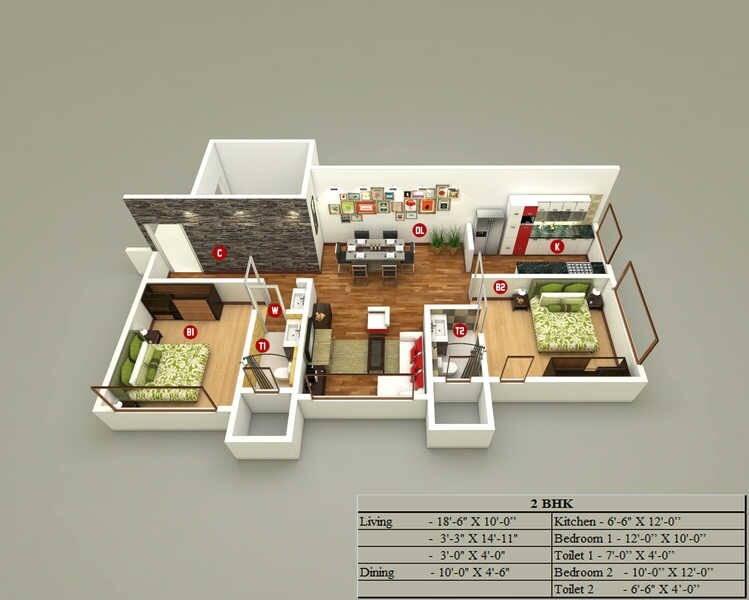 Floor plan of 2 BHK 699 Sq. Ft. Apartment in Siroya New Jagdamba, Mumbai