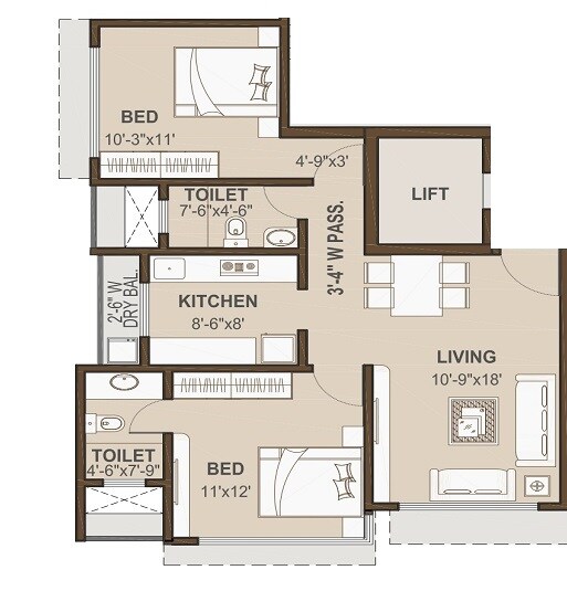 Floor plan of 2 BHK 658 Sq. Ft. Apartment in SKG Mumbadevi, Mumbai