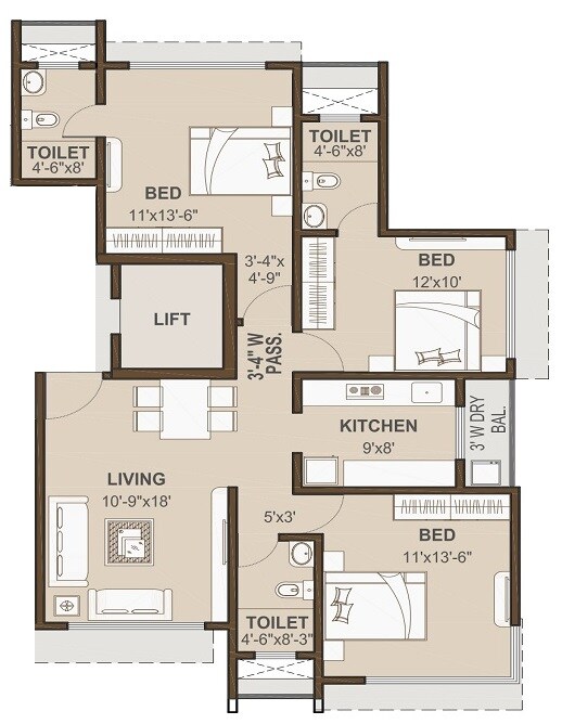 Floor plan of 3 BHK 674 Sq. Ft. Apartment in SKG Mumbadevi, Mumbai