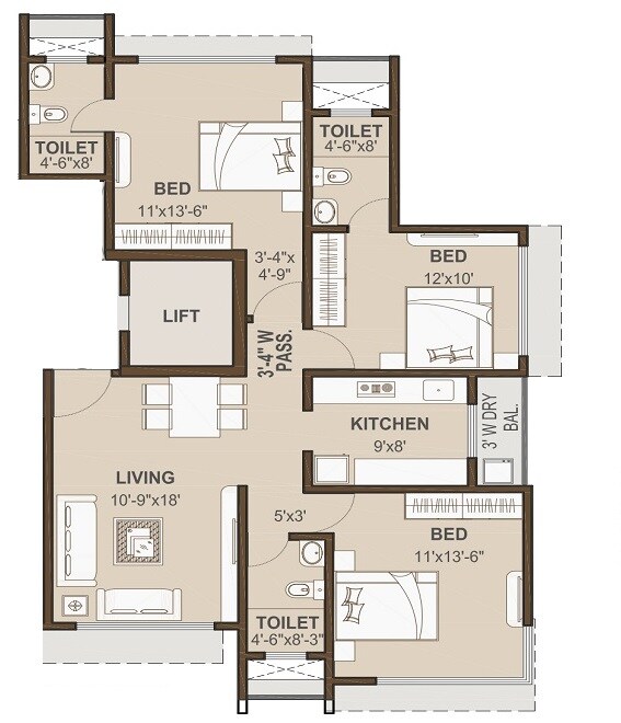 Floor plan of 3 BHK 917 Sq. Ft. Apartment in SKG Mumbadevi, Mumbai