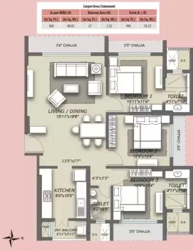 Floor plan of 3 BHK 938 Sq. Ft. Apartment in Skyline Magnus, Mumbai