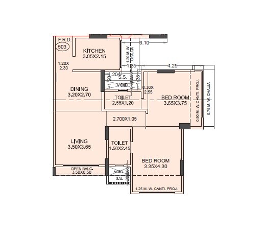 Floor plan of 2 BHK 888 Sq. Ft. Apartment in Skyline Sky Imperia, Mumbai