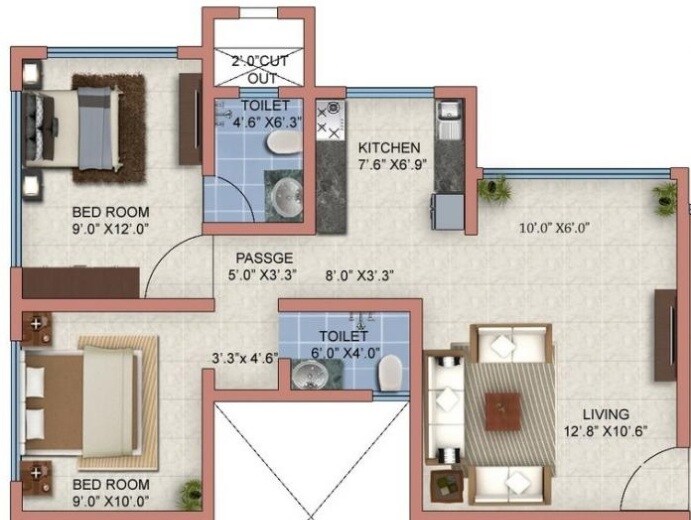 Floor plan of 2 BHK 594 Sq. Ft. Apartment in Skyline Sparkle, Mumbai