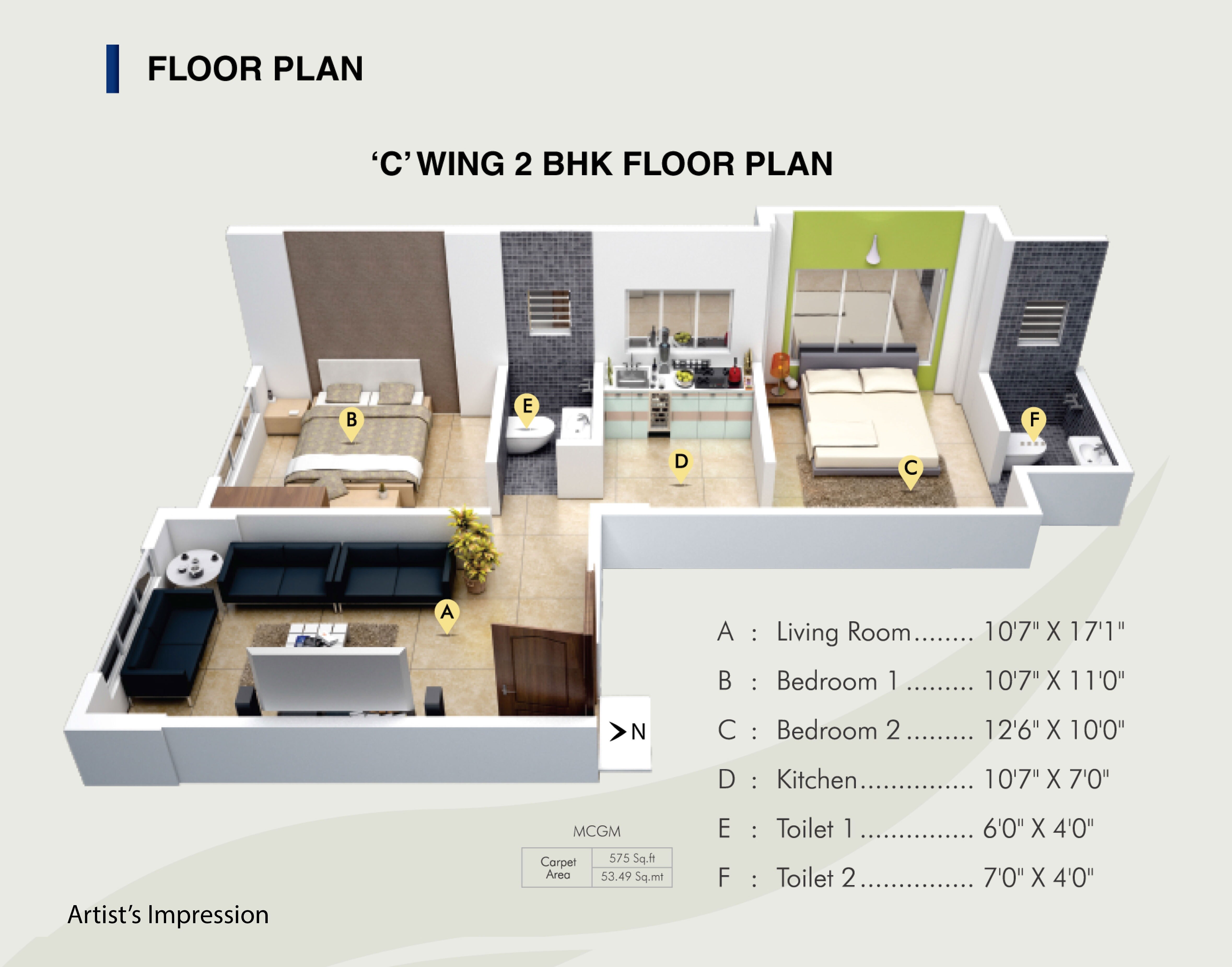 Floor plan of 2 BHK 594 Sq. Ft. Apartment in Skyline Sparkle Wing C, Mumbai