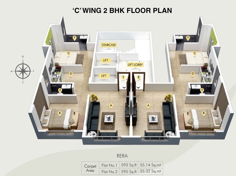 Floor plan of 2 BHK 595 Sq. Ft. Apartment in Skyline Sparkle Wing C, Mumbai