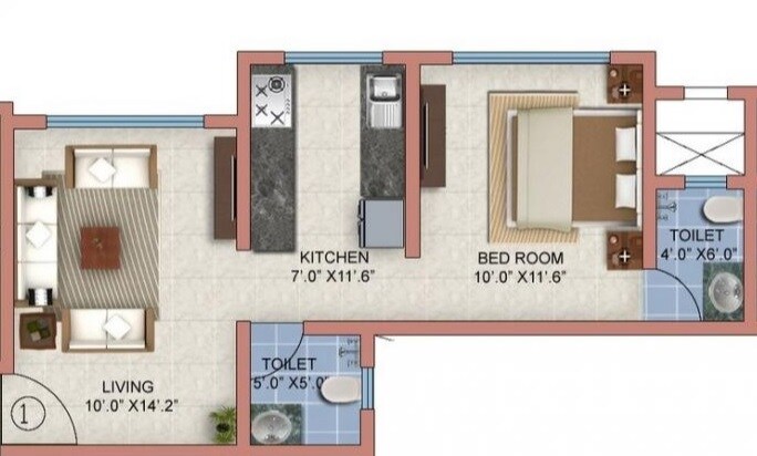 Floor plan of 1 BHK 355 Sq. Ft. Apartment in Skyline Sparkle Wing C, Mumbai