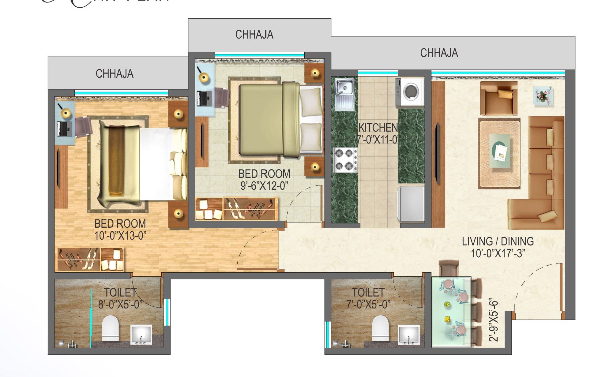 Floor plan of 2 BHK 670 Sq. Ft. Apartment in Skylon Spaces, Mumbai