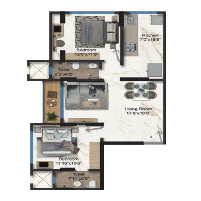 Floor plan of 2 BHK 562 Sq. Ft. Apartment in SMAQ Miraya Residency, Mumbai