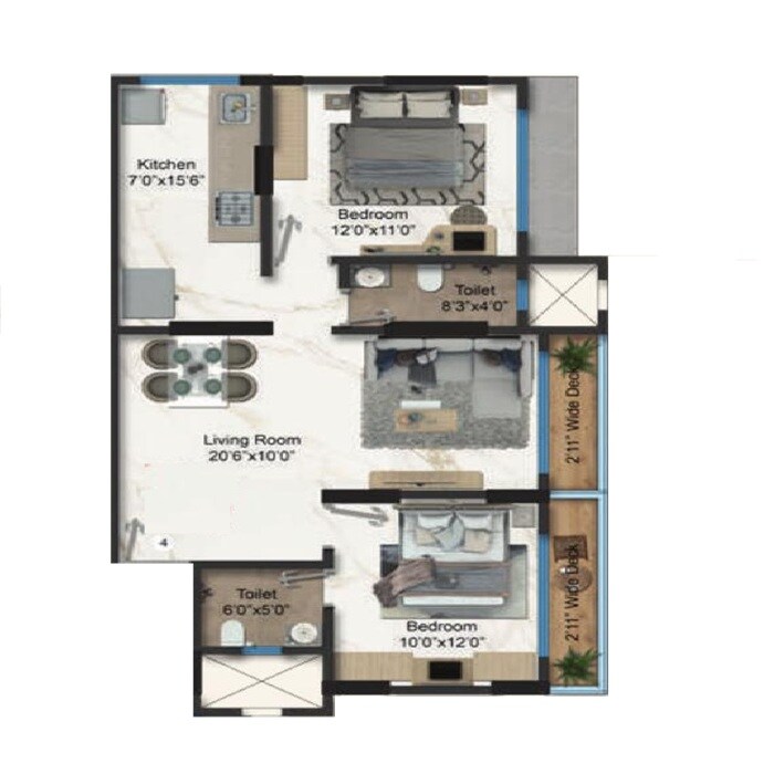 2 BHK 741 Sq. Ft. Apartment