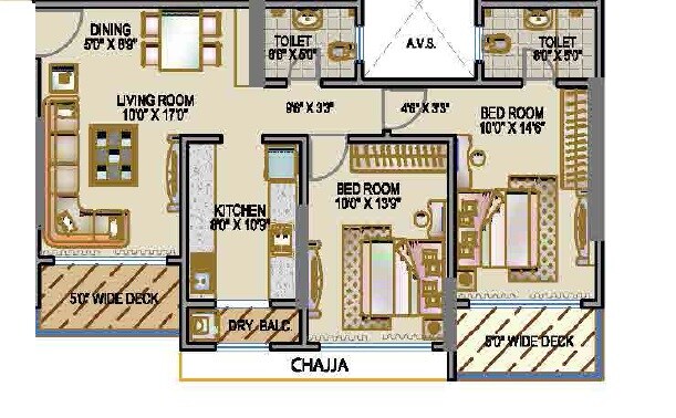 Floor plan of 2 BHK 736 Sq. Ft. Apartment in SMGK Associates Woods Platina, Mumbai