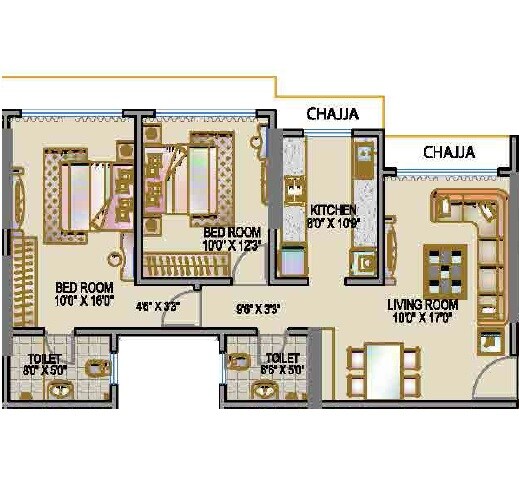 Floor plan of 2 BHK 777 Sq. Ft. Apartment in SMGK Associates Woods Platina, Mumbai