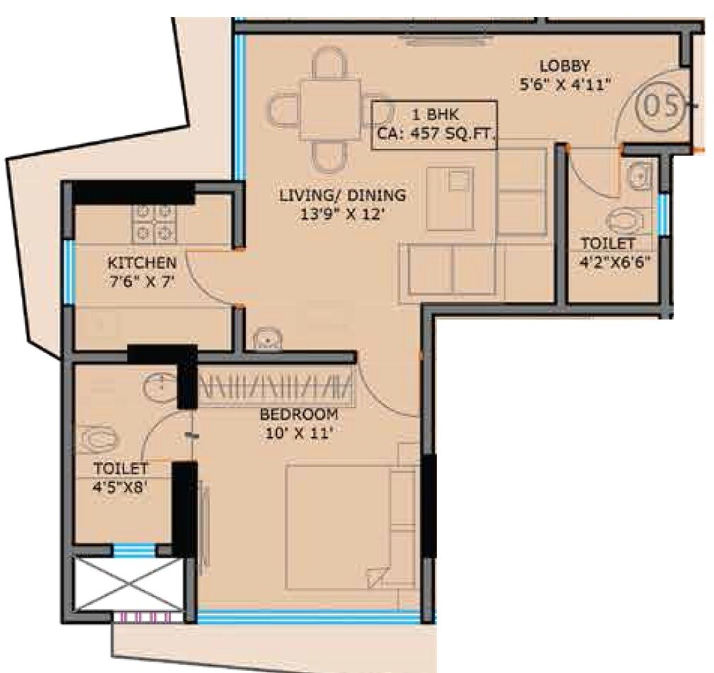 Floor plan of 1 BHK 457 Sq. Ft. Apartment in SMGK Urbana Heights, Mumbai