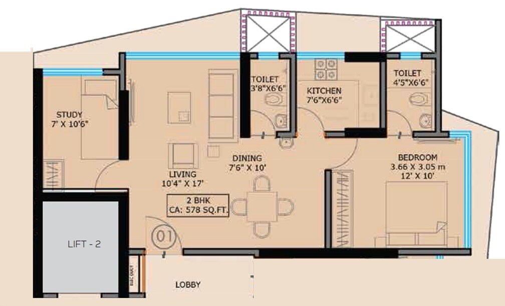 Floor plan of 2 BHK 579 Sq. Ft. Apartment in SMGK Urbana Heights, Mumbai