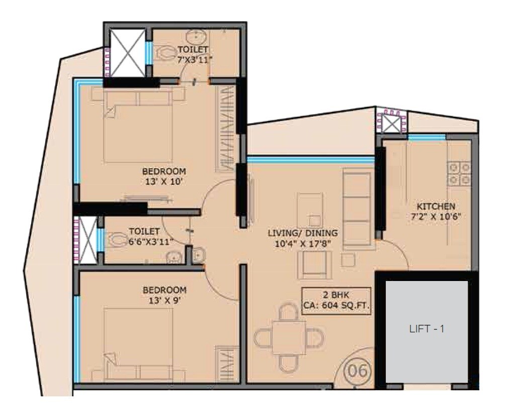 Floor plan of 2 BHK 604 Sq. Ft. Apartment in SMGK Urbana Heights, Mumbai