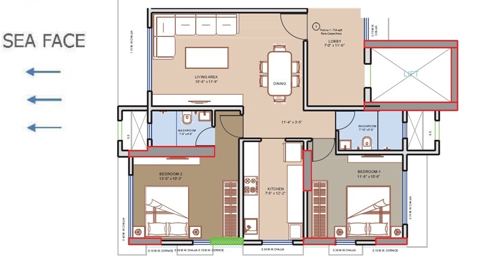 Floor plan of 2 BHK 736 Sq. Ft. Apartment in Sneha Ark Blue Waves, Mumbai