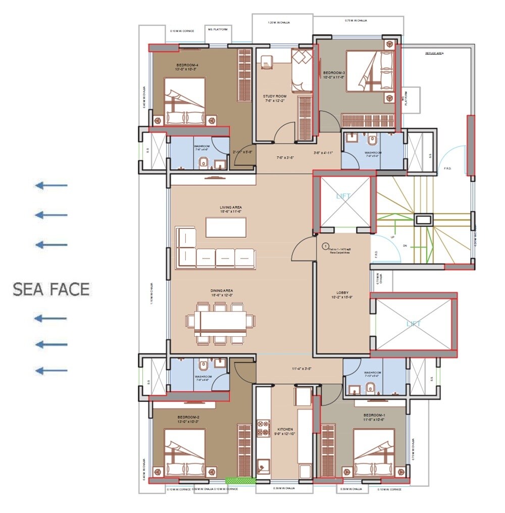 Floor plan of 4 BHK 1396 Sq. Ft. Apartment in Sneha Ark Blue Waves, Mumbai