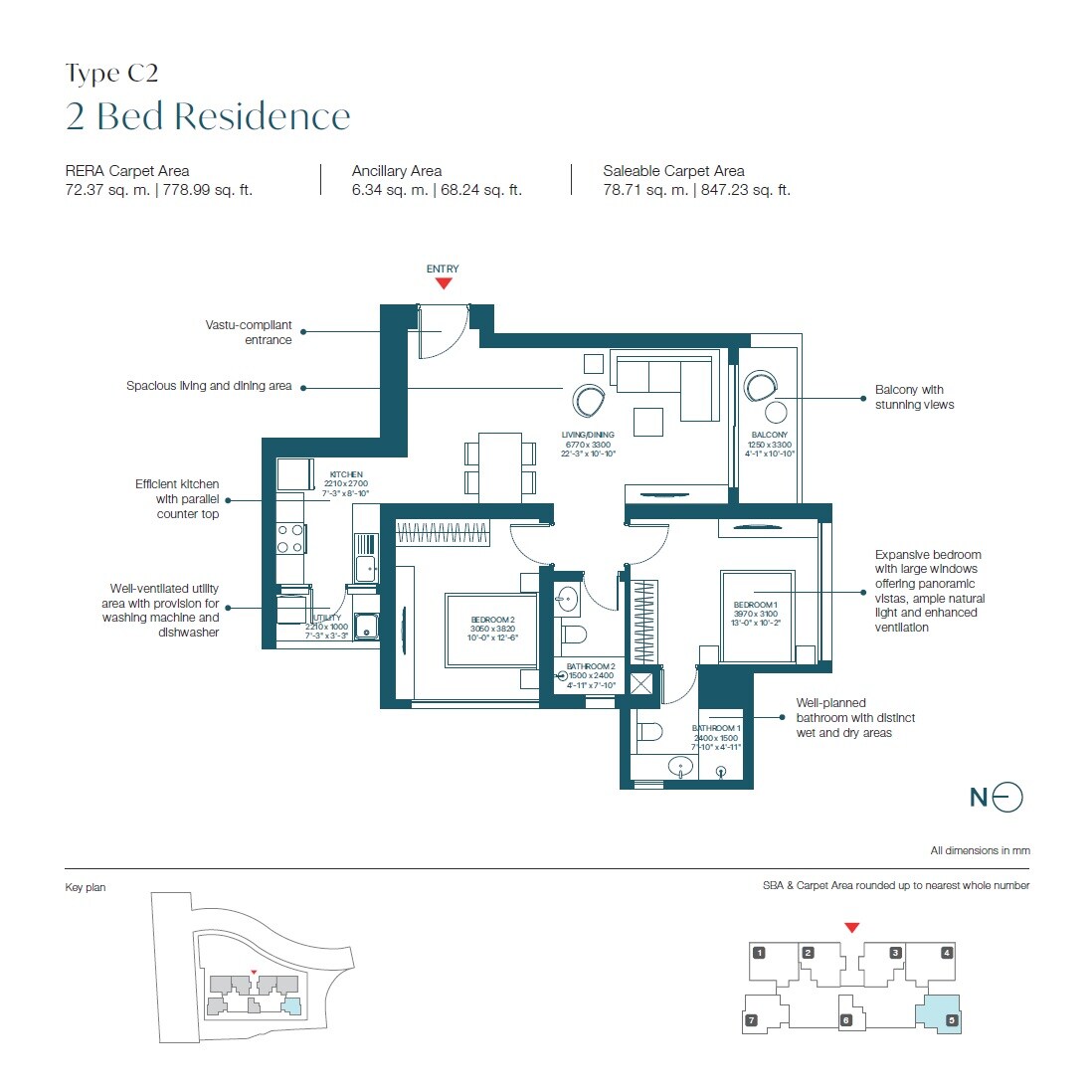 Floor plan of 2 BHK 847 Sq. Ft. Apartment in Sobha Inizio, Mumbai