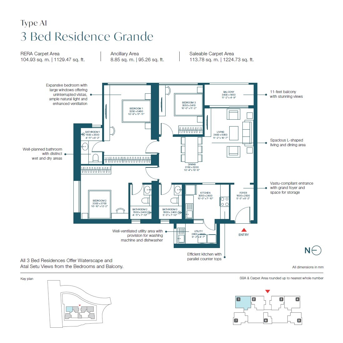 Floor plan of 3 BHK 1224 Sq. Ft. Apartment in Sobha Inizio, Mumbai