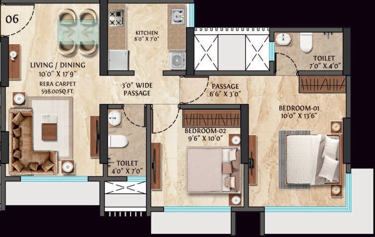 Floor plan of 2 BHK 598 Sq. Ft. Apartment in Somani 72 East, Mumbai