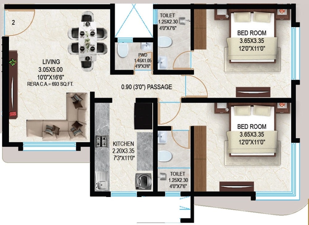 Floor plan of 2 BHK 693 Sq. Ft. Apartment in Sosar The Solaris, Mumbai