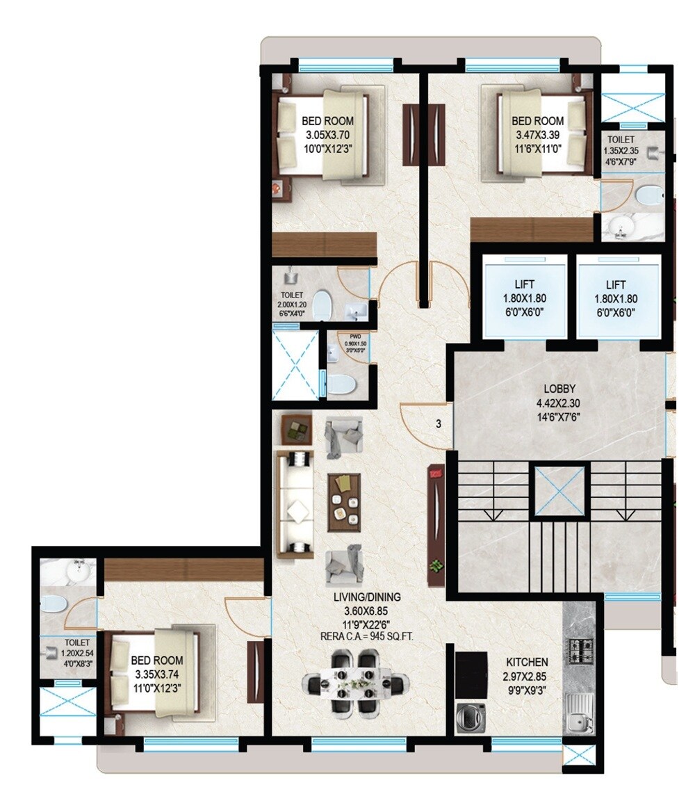 Floor plan of 3 BHK 945 Sq. Ft. Apartment in Sosar The Solaris, Mumbai