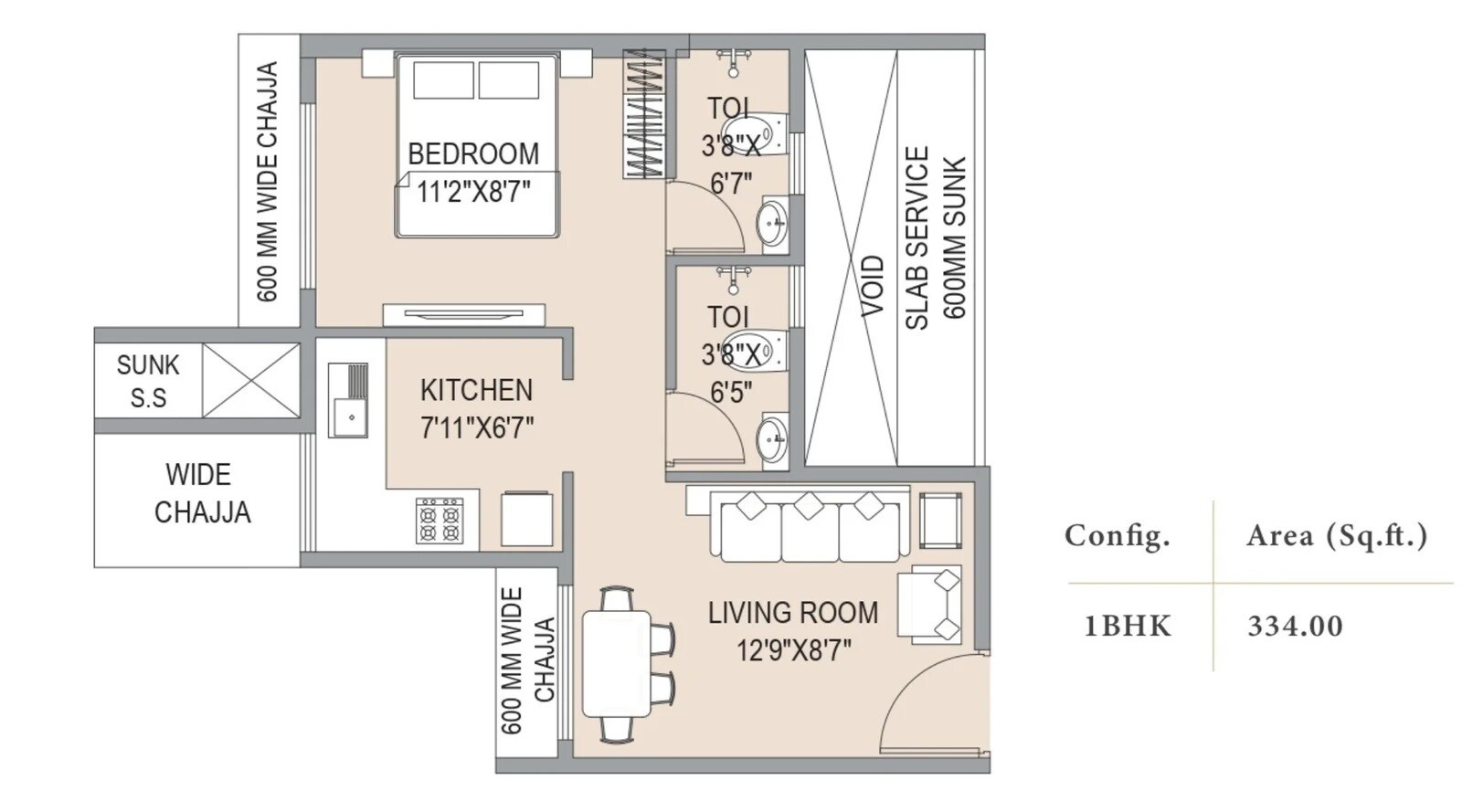1 BHK 334 Sq. Ft. Apartment