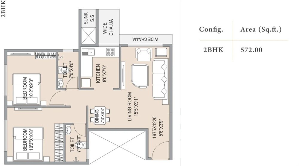 2 BHK 572 Sq. Ft. Apartment