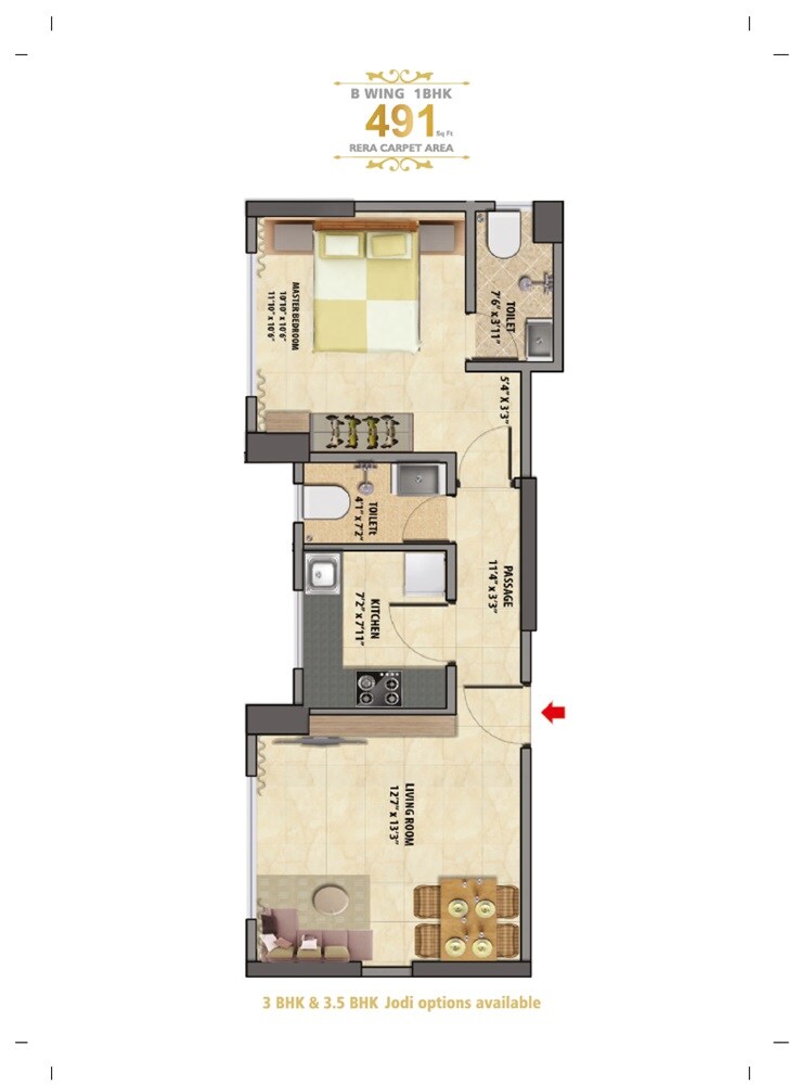 Floor plan of 1 BHK 491 Sq. Ft. Apartment in Space Shreeji Serenity, Mumbai
