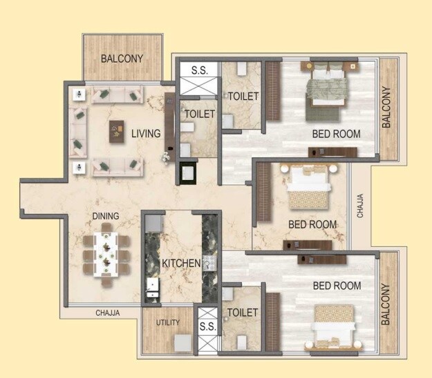 3 BHK 1313 Sq. Ft. Apartment