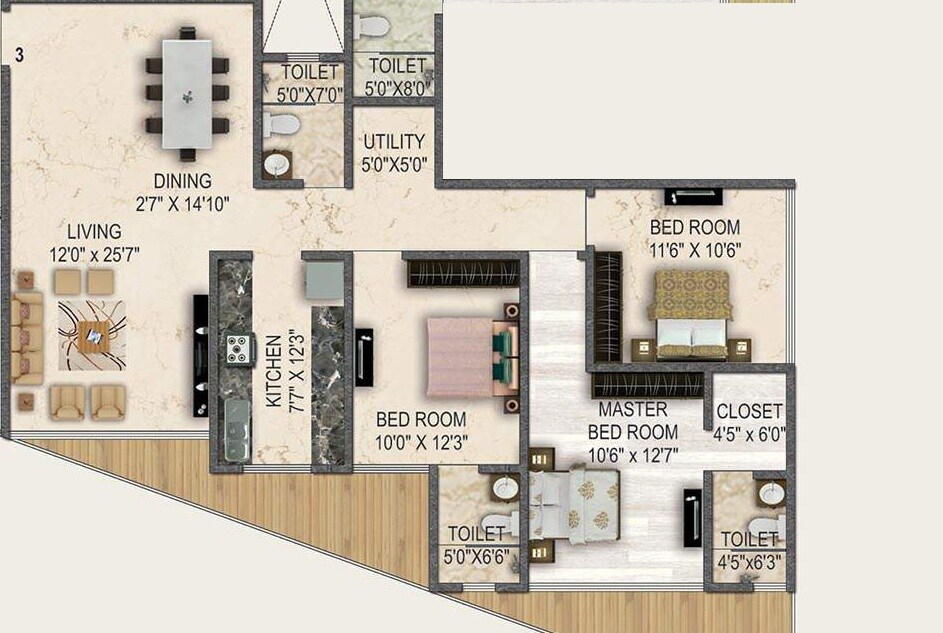 Floor plan of 3 BHK 1287 Sq. Ft. Apartment in Spark Desai Oceanic, Mumbai