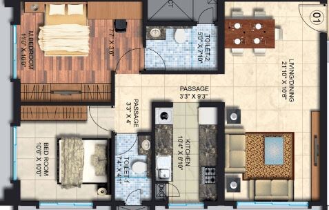 Floor plan of 2 BHK 673 Sq. Ft. Apartment in Spenta Alta Vista Phase 4, Mumbai