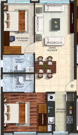 Floor plan of 2 BHK 699 Sq. Ft. Apartment in Spenta Alta Vista Phase 4, Mumbai