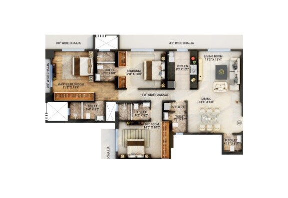 Floor plan of 3 BHK 1140 Sq. Ft. Apartment in Spenta Medius, Mumbai