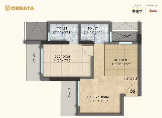 Floor plan of 1 BHK 307 Sq. Ft. Apartment in Spenta Ornata, Mumbai