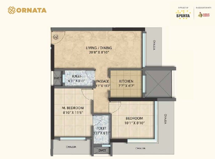 Floor plan of 2 BHK 550 Sq. Ft. Apartment in Spenta Ornata, Mumbai
