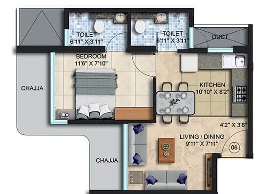 Floor plan of 1 BHK 345 Sq. Ft. Apartment in Spenta Ornata Sapphire, Mumbai