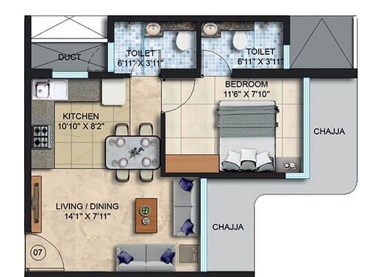 Floor plan of 1 BHK 362 Sq. Ft. Apartment in Spenta Ornata Sapphire, Mumbai