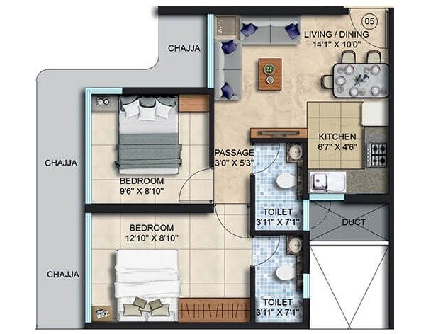 Floor plan of 2 BHK 463 Sq. Ft. Apartment in Spenta Ornata Sapphire, Mumbai