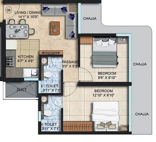 Floor plan of 2 BHK 537 Sq. Ft. Apartment in Spenta Ornata Sapphire, Mumbai