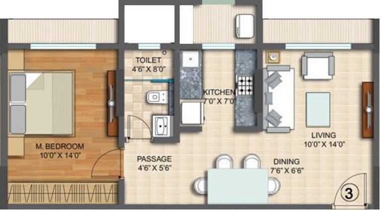 Floor plan of 1 BHK 605 Sq. Ft. Apartment in Spenta Palazzio, Mumbai
