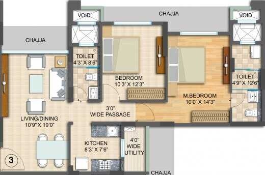 Floor plan of 2 BHK 770 Sq. Ft. Apartment in Spenta Palazzio, Mumbai