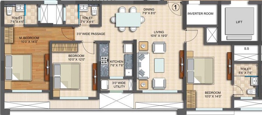 Floor plan of 3 BHK 762 Sq. Ft. Apartment in Spenta Palazzio, Mumbai