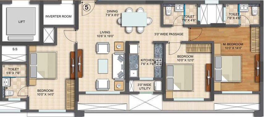 Floor plan of 3 BHK 981 Sq. Ft. Apartment in Spenta Palazzio, Mumbai