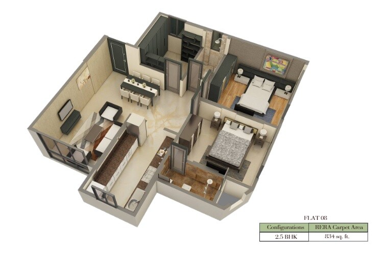 Floor plan of 2 BHK 834 Sq. Ft. Apartment in Sri Zynergy, Mumbai