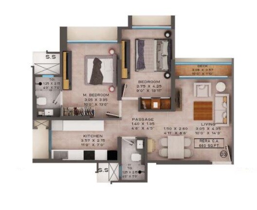 Floor plan of 2 BHK 645 Sq. Ft. Apartment in Srishti Oasis Phase I, Mumbai