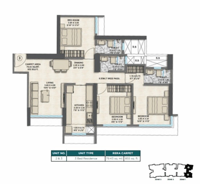 Floor plan of 3 BHK 855 Sq. Ft. Apartment in Srishti Oasis Phase I, Mumbai