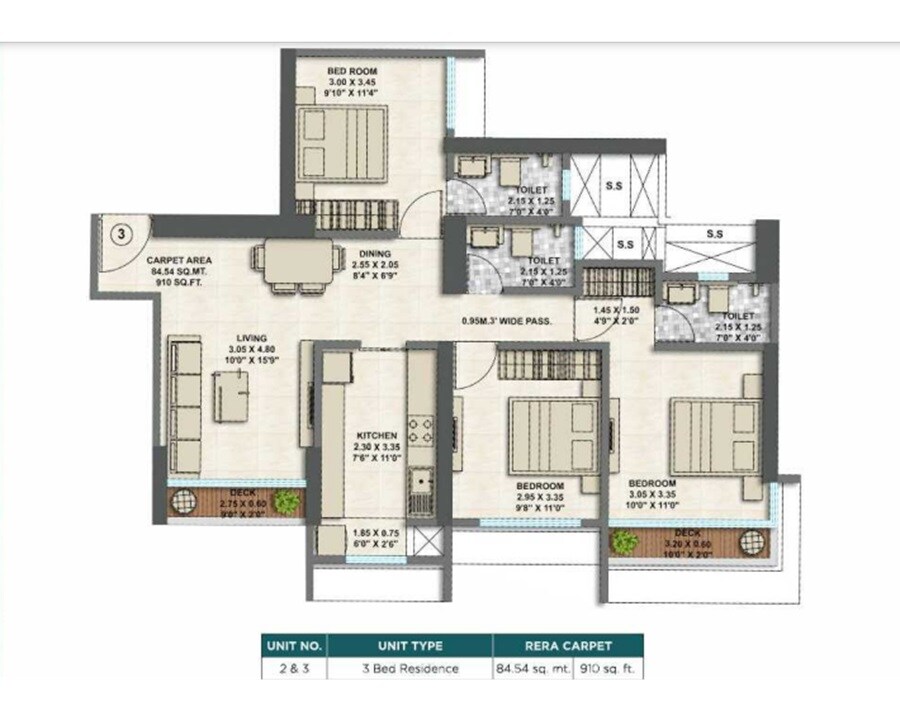 Floor plan of 3 BHK 910 Sq. Ft. Apartment in Srishti Oasis Phase I, Mumbai