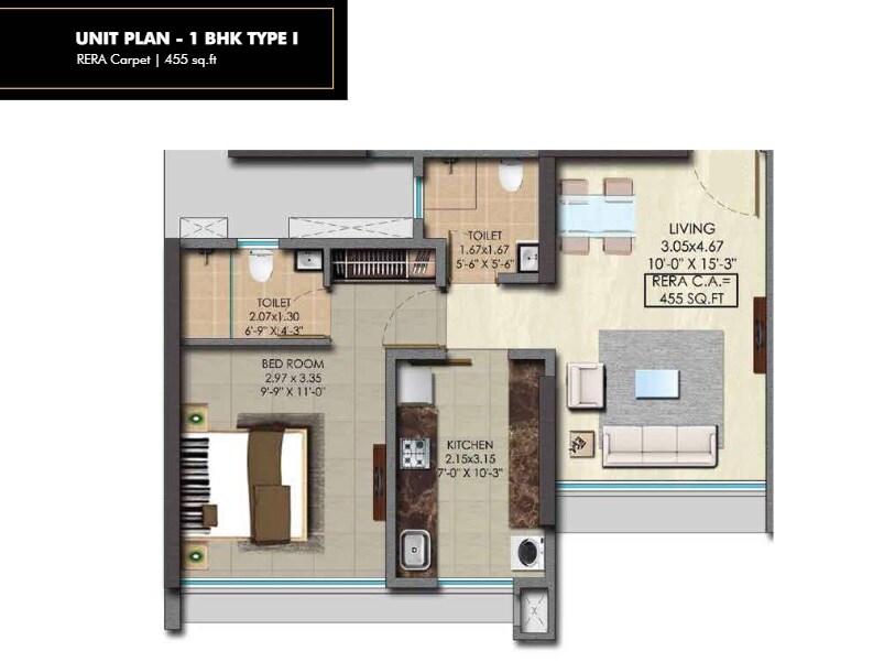 Floor plan of 1 BHK Apartment - 455 sq. ft. in Srishti Pride, Mumbai